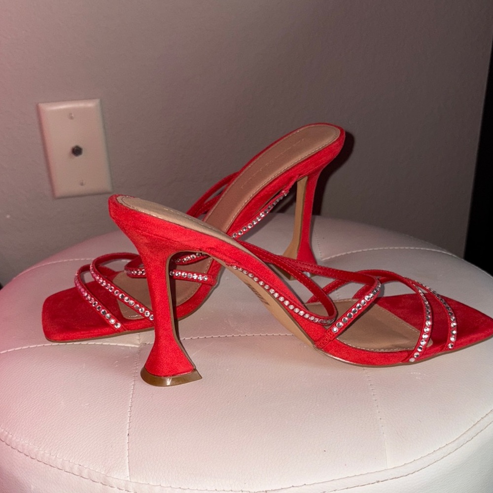 Red Strappy Heels with Rhinestone Detailing